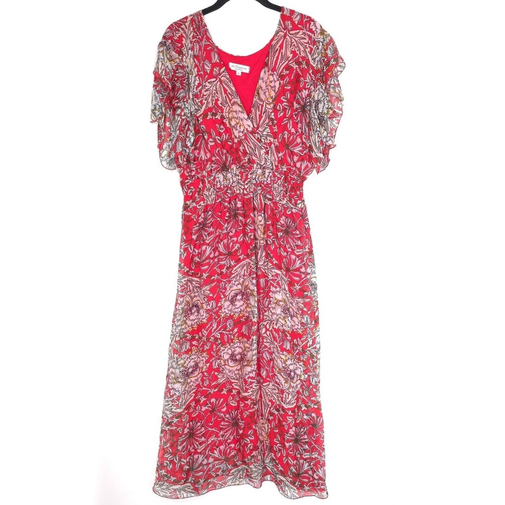 LE RAGAZZE Women's‎ Red Floral Maxi Dress Size XL SILK Blend ITALY MADE Sundress